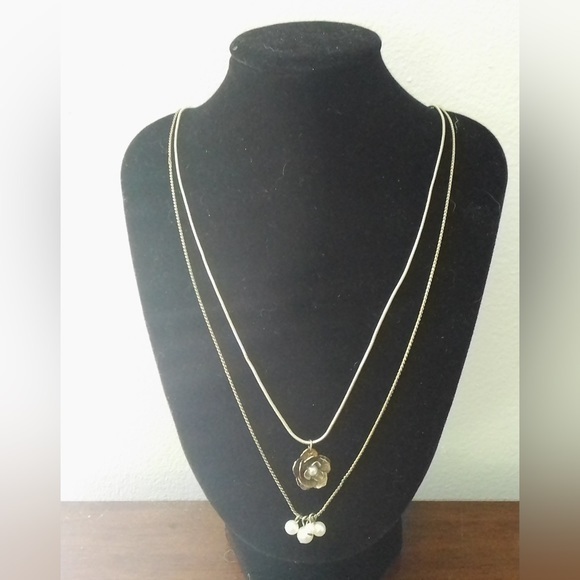 Jewelry - Golden flower and white beaded two strand necklace.